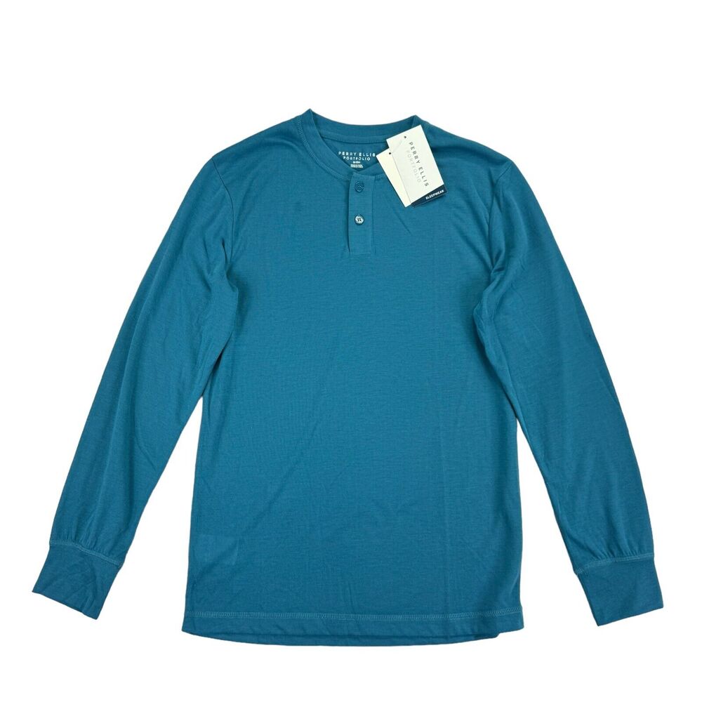 Perry Ellis Mens Henley Long Sleeve Pajama Sleep T-Shirt Ink Blue S